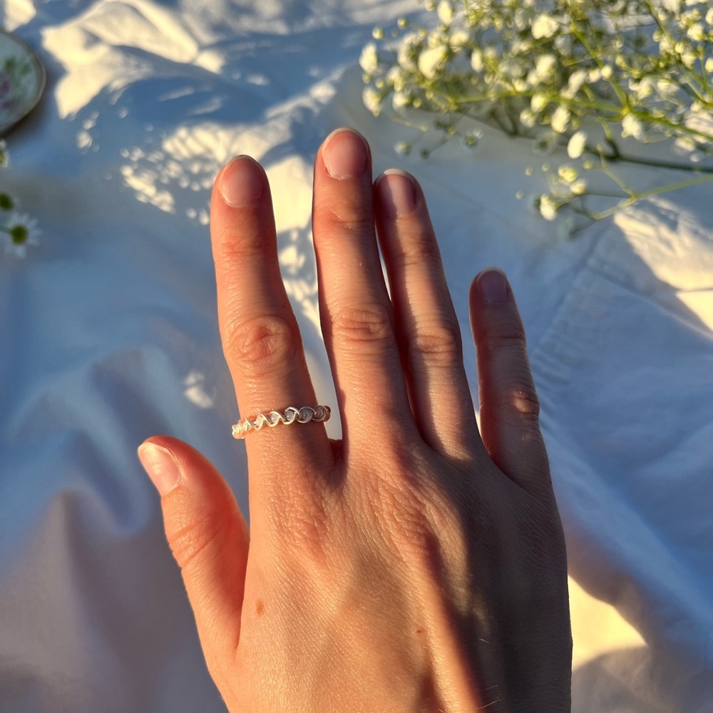 Braided Wire Ring, Handmade with Silver Colored Wire and White Beads